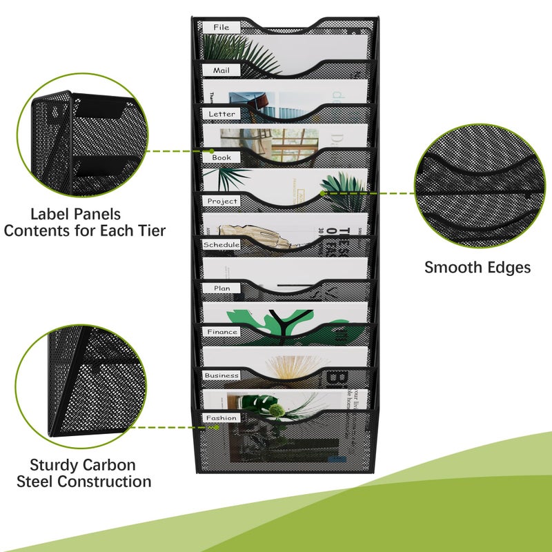 EasyPAG 10 Pocket Mesh Wall File Organizer, Hanging Paper Folder Holder with Classify Label, Vertical Wall Mount Mail Organizer for Office Home Classroom, Black - Image 3